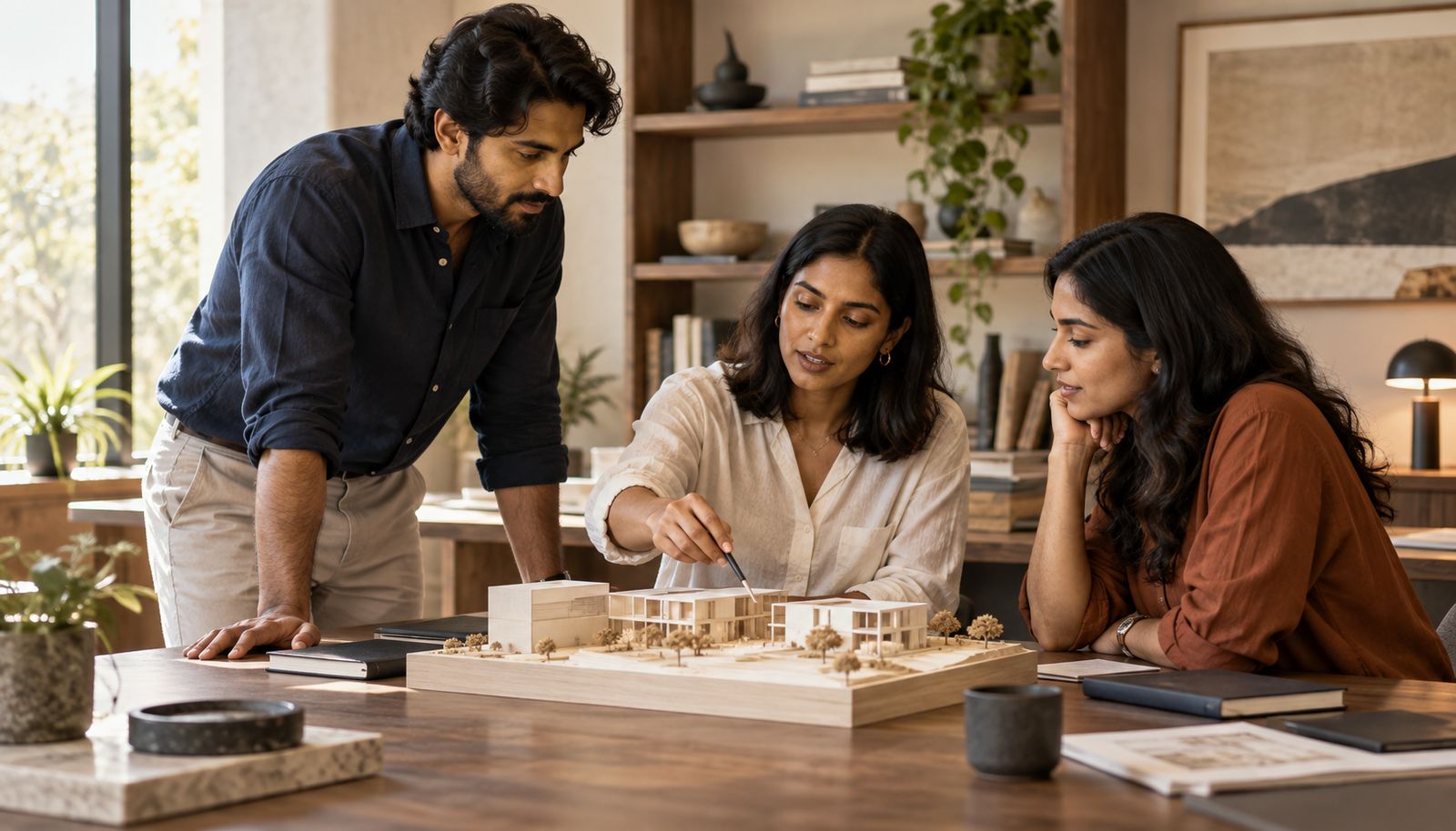 Illustrative studio scene with three professionals discussing a scale model.
