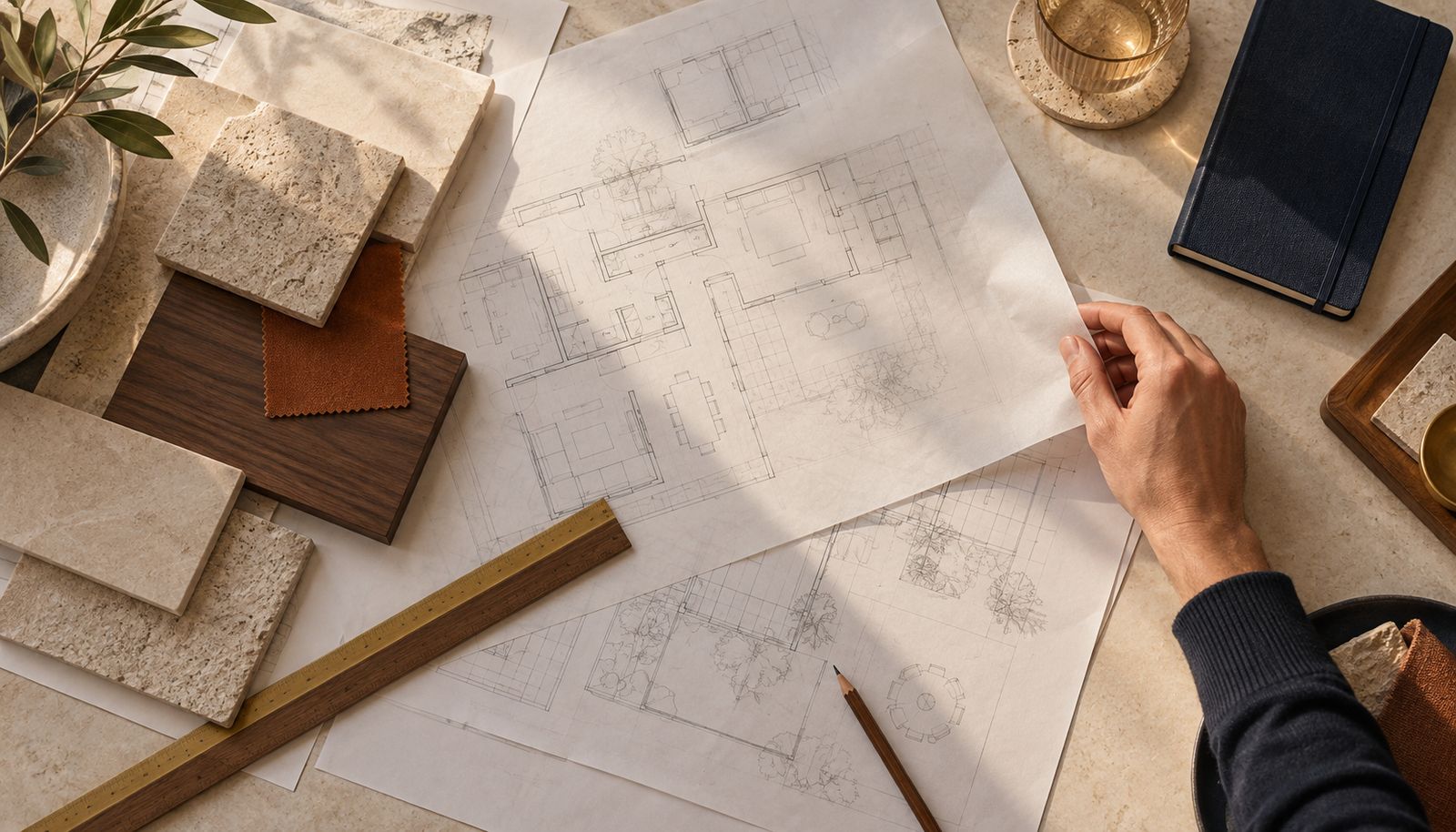 Project plans, tracing paper and material samples arranged for a design review.