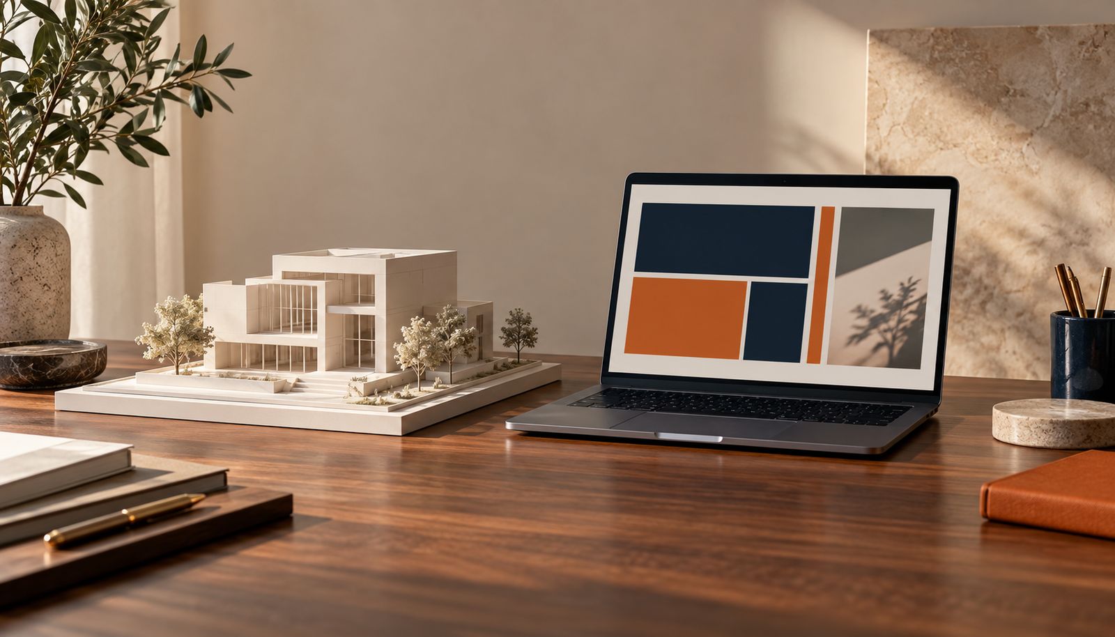 An architectural model and a laptop representing the separate Works and Digital divisions.