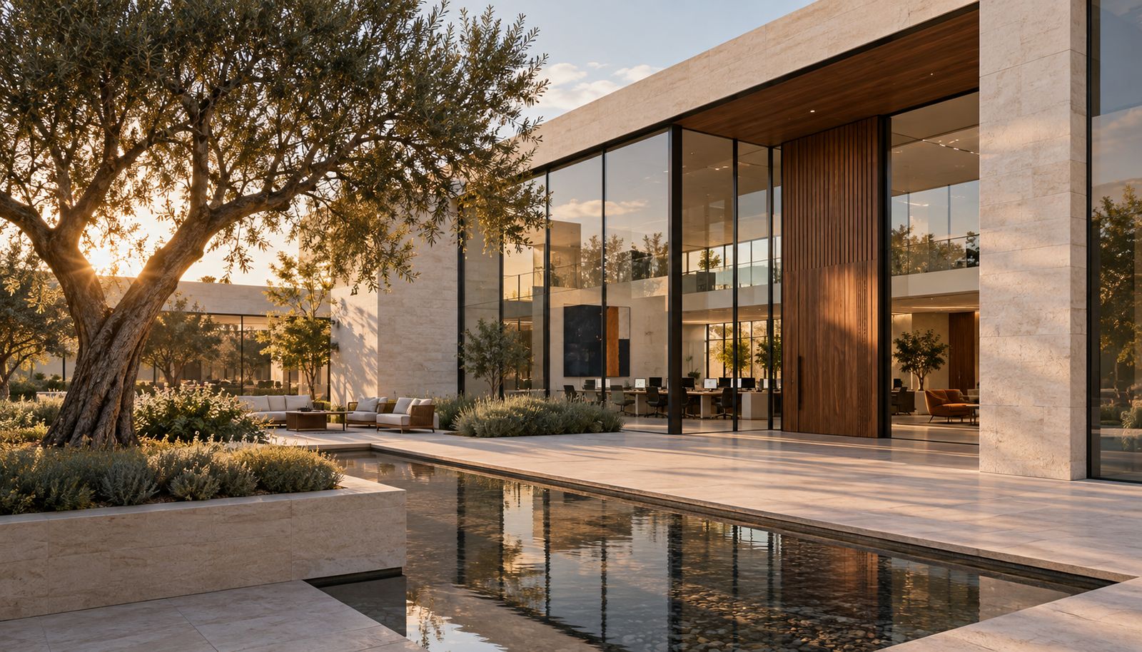 Illustration of a contemporary stone and glass building beside a landscaped courtyard.